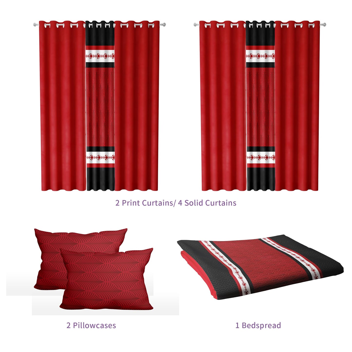 Deepsleep Queen Bedspread Set 9 Pieces, All Season Luxury Bed in a Bag for Bedroom, with 2 Pillowcases and 6 Curtains, Microfiber for Complete Bedroom Decor, Black and Red Stripes
