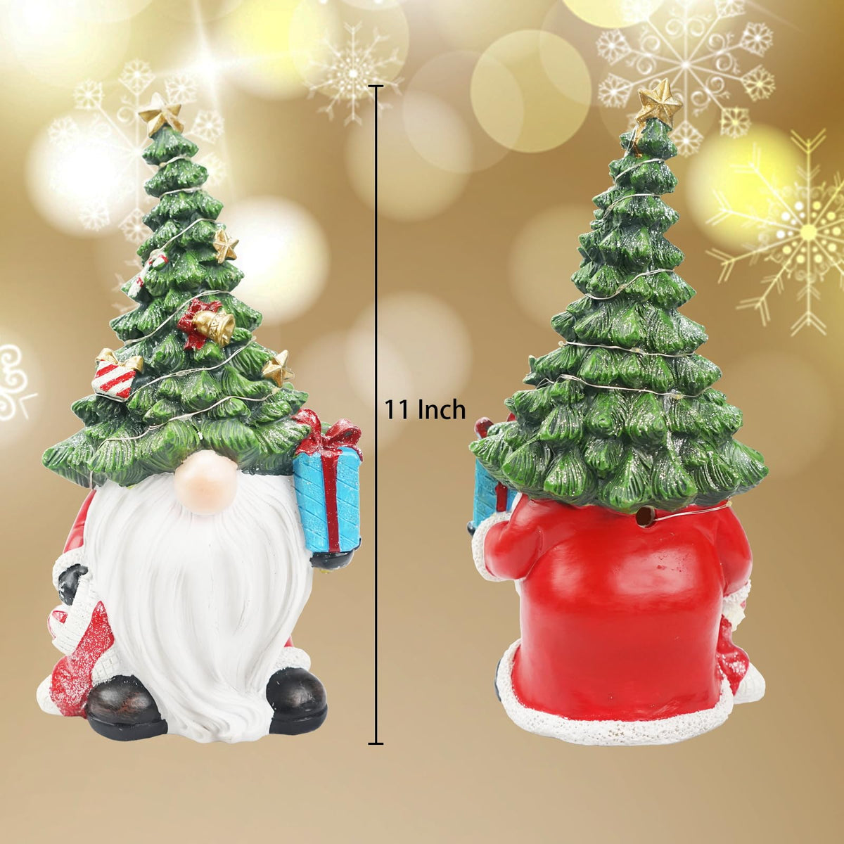 Lighted Christmas Tree Gnome Decoration -11 Inch Resin Xmas Gnomes Figurine Light Up for Holiday Winter Indoor Home Table Decor
