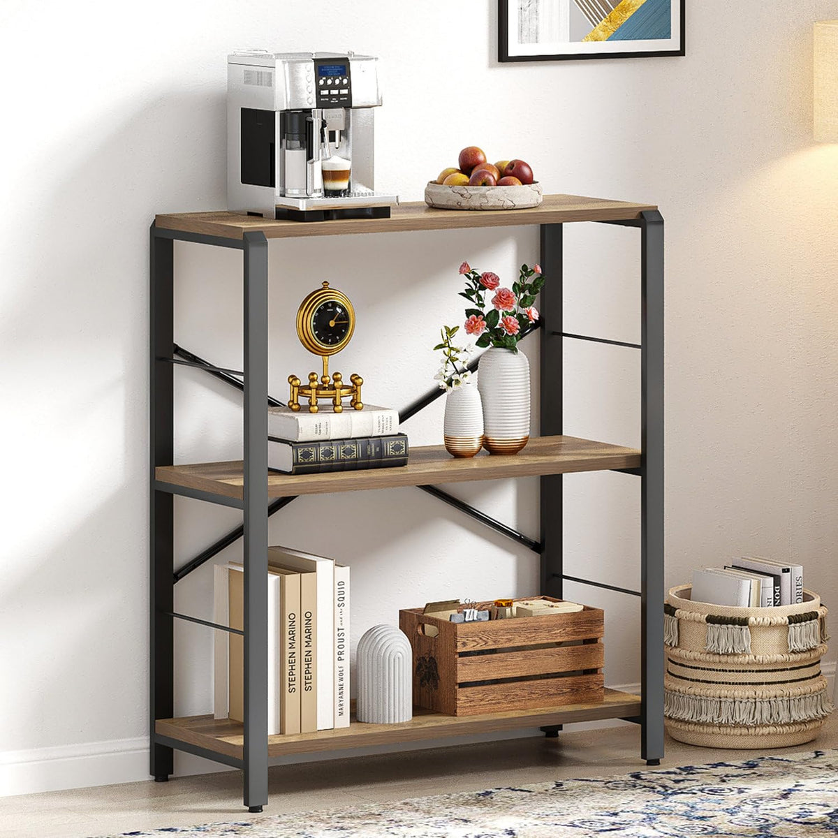 FOLUBAN Small Bookshelf, 3 Tier Open Book Shelf, Rustic Wood and Metal Shelving Unit for Small Space, Oak