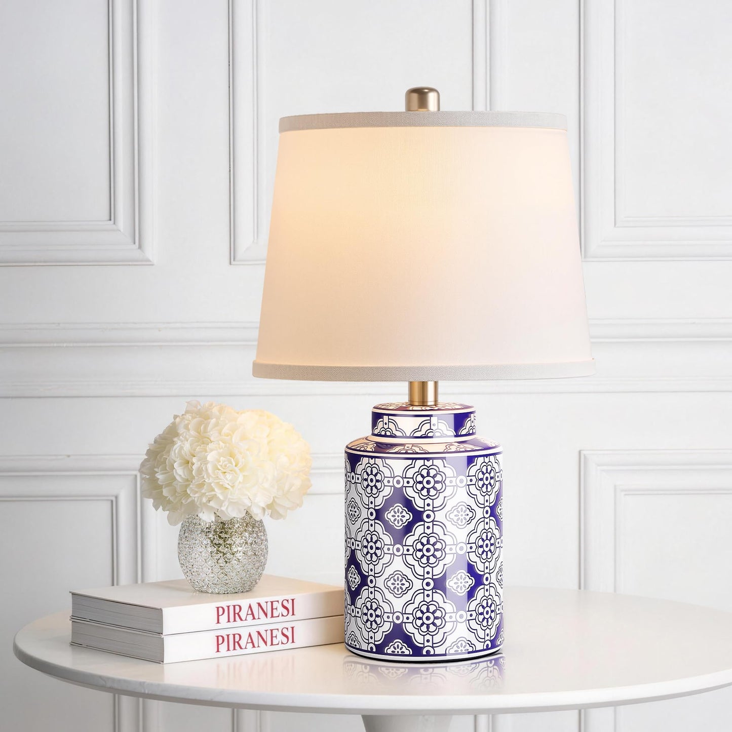 Qimh Chinoiserie Ceramic Table Lamps for Living Room, Small Bedside Lamps Set of 2 with Linen Lampshade, Modern Traditional Blue and White Lamp for Bedroom Office Nightstand Home Decor(Bulbs Included)