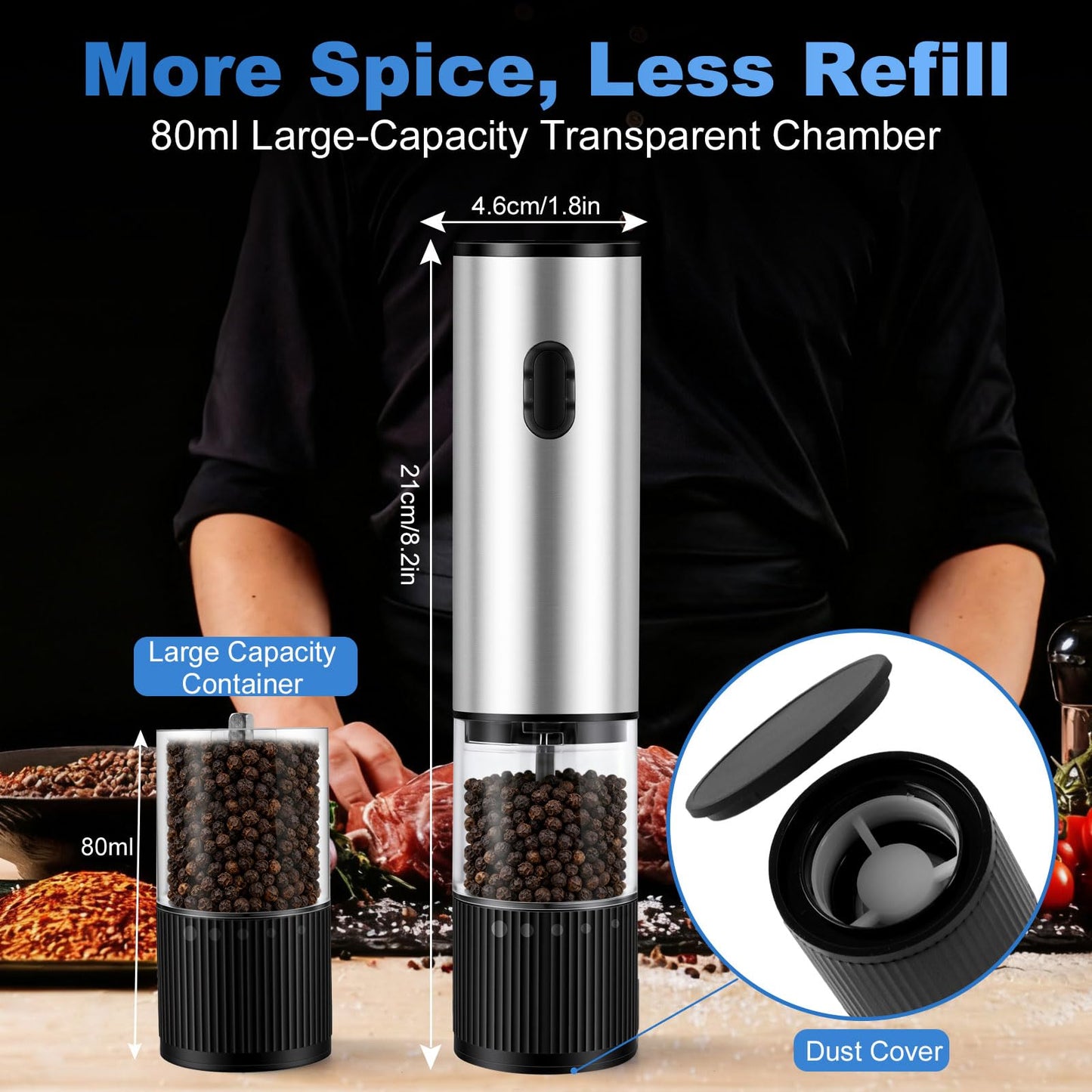 JXAVO 2 Pack Electric Salt and Pepper Grinder Set, Salt and Pepper Shakers with LED Light, USB C Dual Charging Base, Adjustable Coarseness, One-Hand Operation, Large Capacity for Kitchen, Dining & BBQ