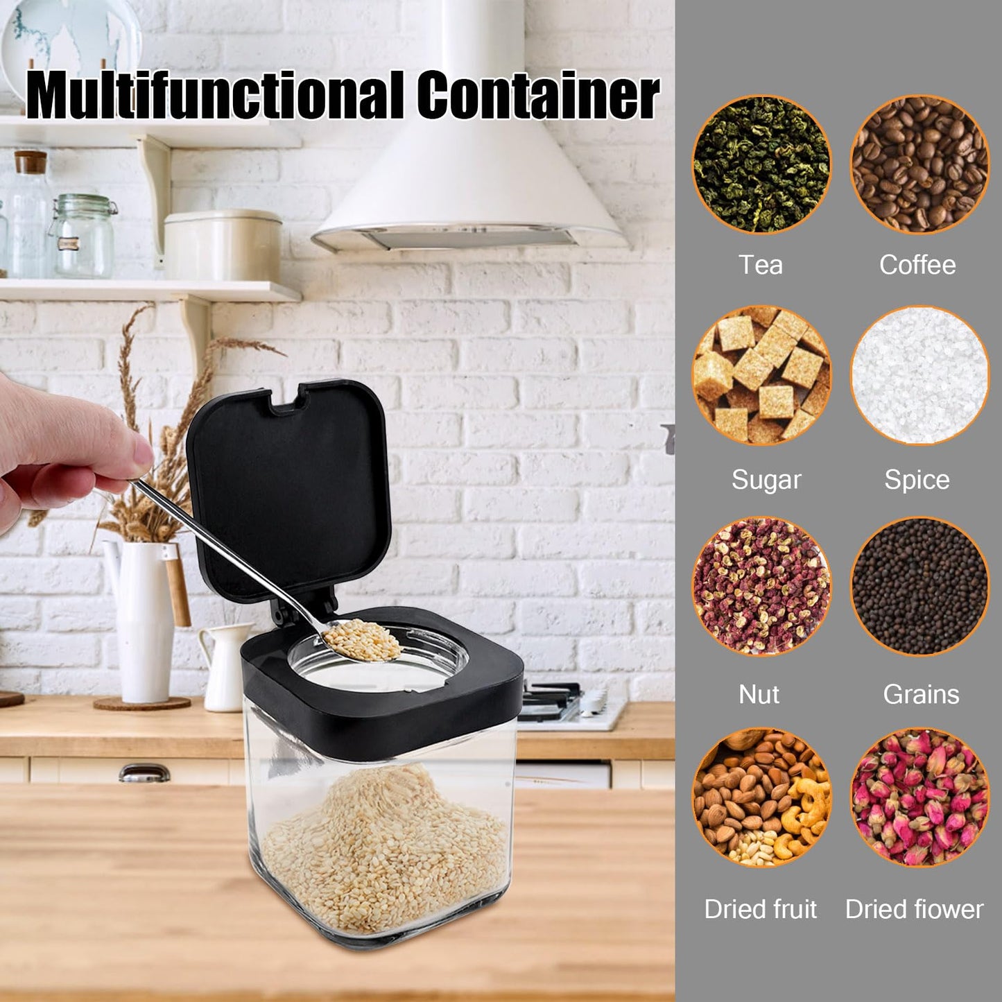 JEPELUS 3 Pcs Condiment Jar Spice Container with Lids and Spoons, Clear Glass Salt and Sugar Container Sets, Square Condiment Canisters Pots Seasoning Box for Kitchen Countertop (Black)