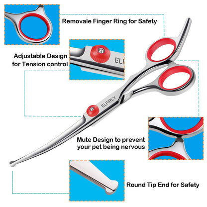 Elfirly Professional Dog Grooming Scissors Kit Stainless Steel Round Tip Cutting Curved Scissors Thinning Shears for Hair Trimming with Extra Dog Nail Clippers & Grooming Comb for Pets