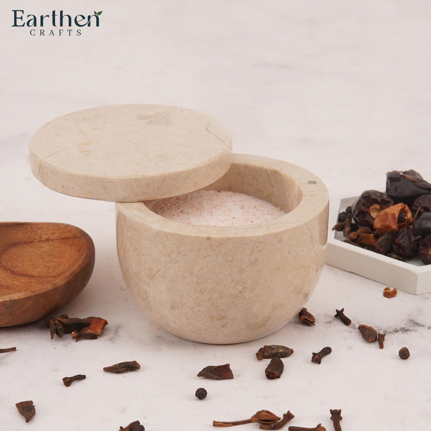 EARTHEN CRAFTS Marble Salt Cellar With Magnetic Closure Lid 4" Inch Salt Box, Salt and Spice Jar Beige Stone Salt Storage Container, Salt Holder, Salt Keeper for Kitchen Countertop, 5.6 OZ