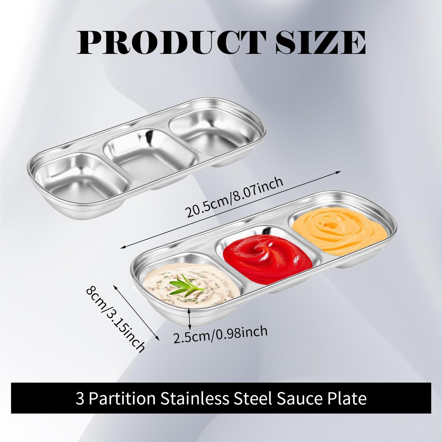 UCEHIPAW 24 Pcs Soy Sauce Dish Stainless Steel Korean 3 Compartment Dip Sauce Bowls Home Tray Divided Seasoning Dipping Condiment Plate for Restaurant Spice Salt Sugar Vinegar BBQ (Silver)