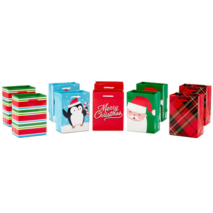 Hallmark Image Arts 5" Small Christmas Gift Bag Bundle (10 Bags: Santa, Plaid, Stripes, Penguin) for Kids, Coworkers, Gift Cards, Party Favors