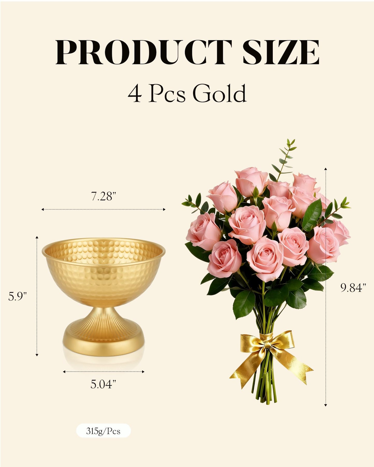 AURABEE Gold Compote Vase Set of 4, Pedestal Gold Vases for Centerpieces Metal Urn Flower Pot Vase Pack, Electroplated Rust-Proof Compote Pedestal Vases for Wedding Centerpieces- 5.9 Inches