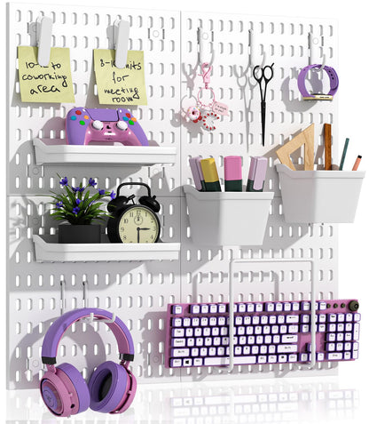 AKTOP Peg Board Wall Organizer 4-Pack – 12"x12" White Pegboard Combination Kit with 13 Accessories for Wall, Plastic Peg Board Panels for Home, Office, Garage Tool Storage & Craft Room