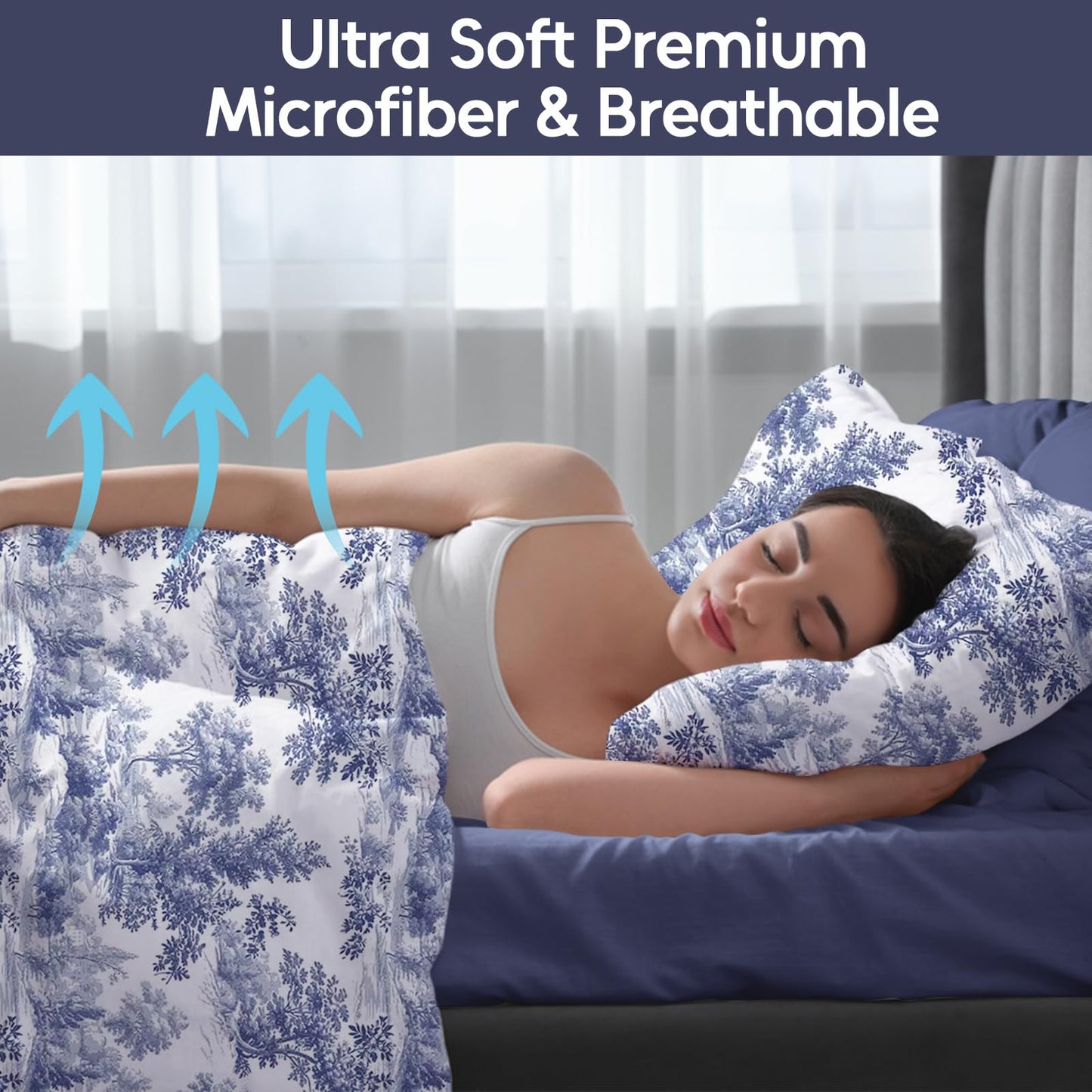 LONAVA Botaincal King Size 6 Pcs Sheet Set, Breathable Microfiber Deep Pocket Navy Fitted Sheets, Comfy & Breathable Patterned Flat Sheets,4 Gentle Soft Pillowcases, Blue Forest
