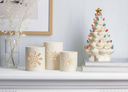 Lenox Figurine, Treasured Traditions Ivory Light-Up Ceramic Christmas Tree Figurine, Christmas Decorations, Holiday Winter Decor Indoor (Ivory, 1 Piece, 8.82-Inch Height) 3 AAA Batteries Not Included