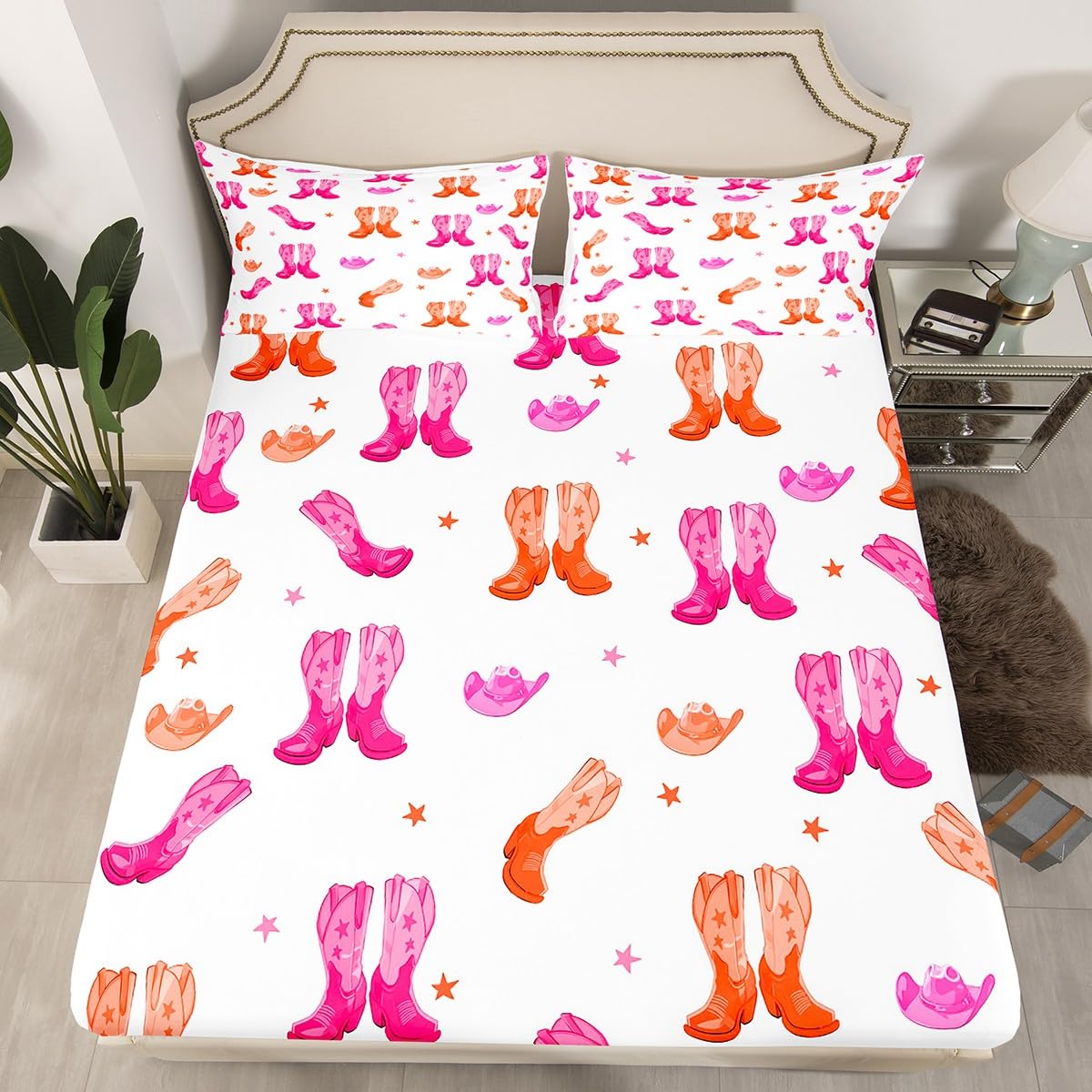 Feelyou Pink Howday Sheet Set Boys Girls Riding Boots Sheets with Deep Pocket Fitted Sheet Queen Size Western Decor Bed Sheets Set Farmhouse Cowboy Hat Bedding Set Wild Western Cowboy Bed Set 4Pcs