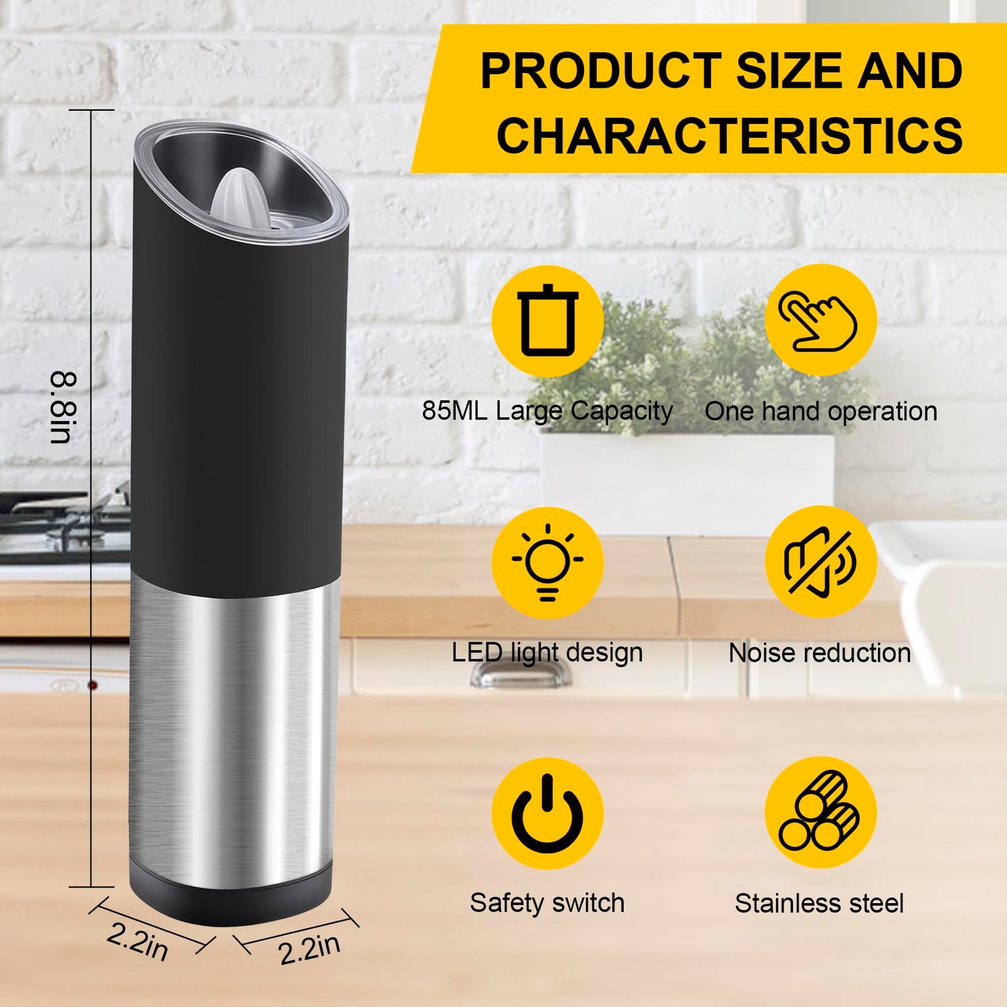 Asdmuchin Gravity Electric Salt and Pepper Grinder Set, Automatic Battery Pepper Mill Grinder, Large Capacity, Adjustable Coarseness, Stainless Steel, LED Light