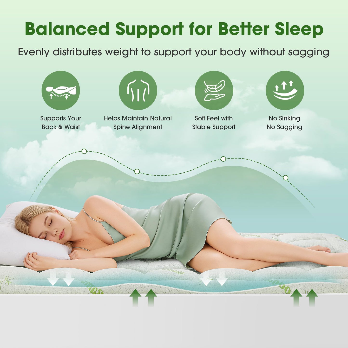Mattress Pad Queen Size, Cooling Pillow Top Mattress Topper, Ultra Soft Viscose Made from Bamboo, Breathable for Hot Sleepers, Deep Pocket 8"-20", Green