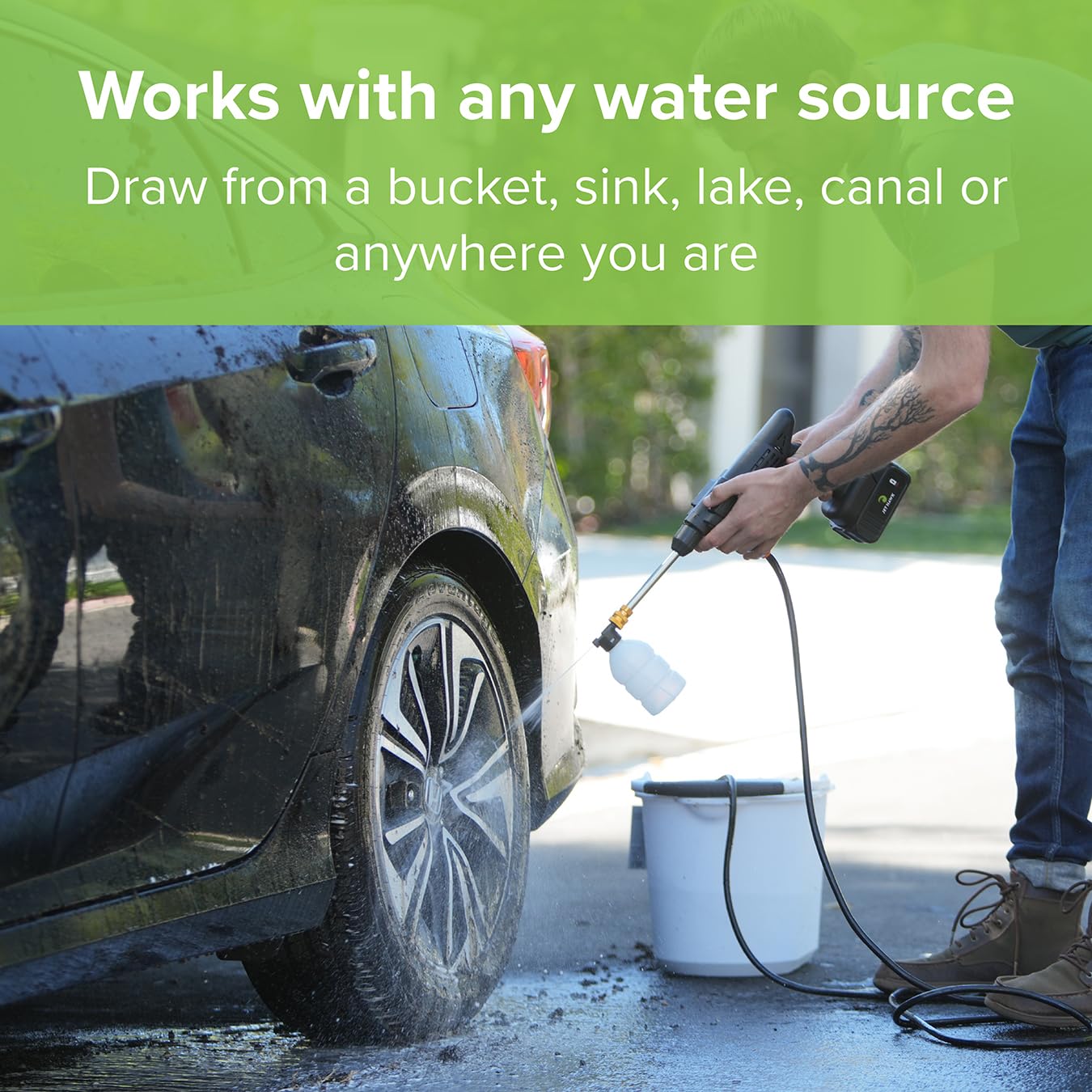 Jet Hawk – Portable Cordless High-Pressure Washer in Green Colourway - Use Any Water Source – 6 in 1 - Inc Spray Nozzles, 5m Hose, Hose Connector, Free Soap Dispenser Bottle & Hard Carry Case