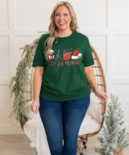 YZMI Tis The Season Christmas Tree T-Shirt Latte Coffee Xmas Gift Santa Hat Tee Tops Green L