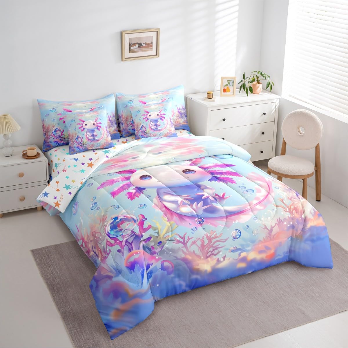 Erosebridal Queen Size Girls Cute Axolotl Bed in A Bag (7 Pieces) | Kids Sea Ocean Animal Comforter Set with Sheets Girly Cartoon Axolotl Bedding Set for Teens Kawaii Salamander Quilt Duvet Insert