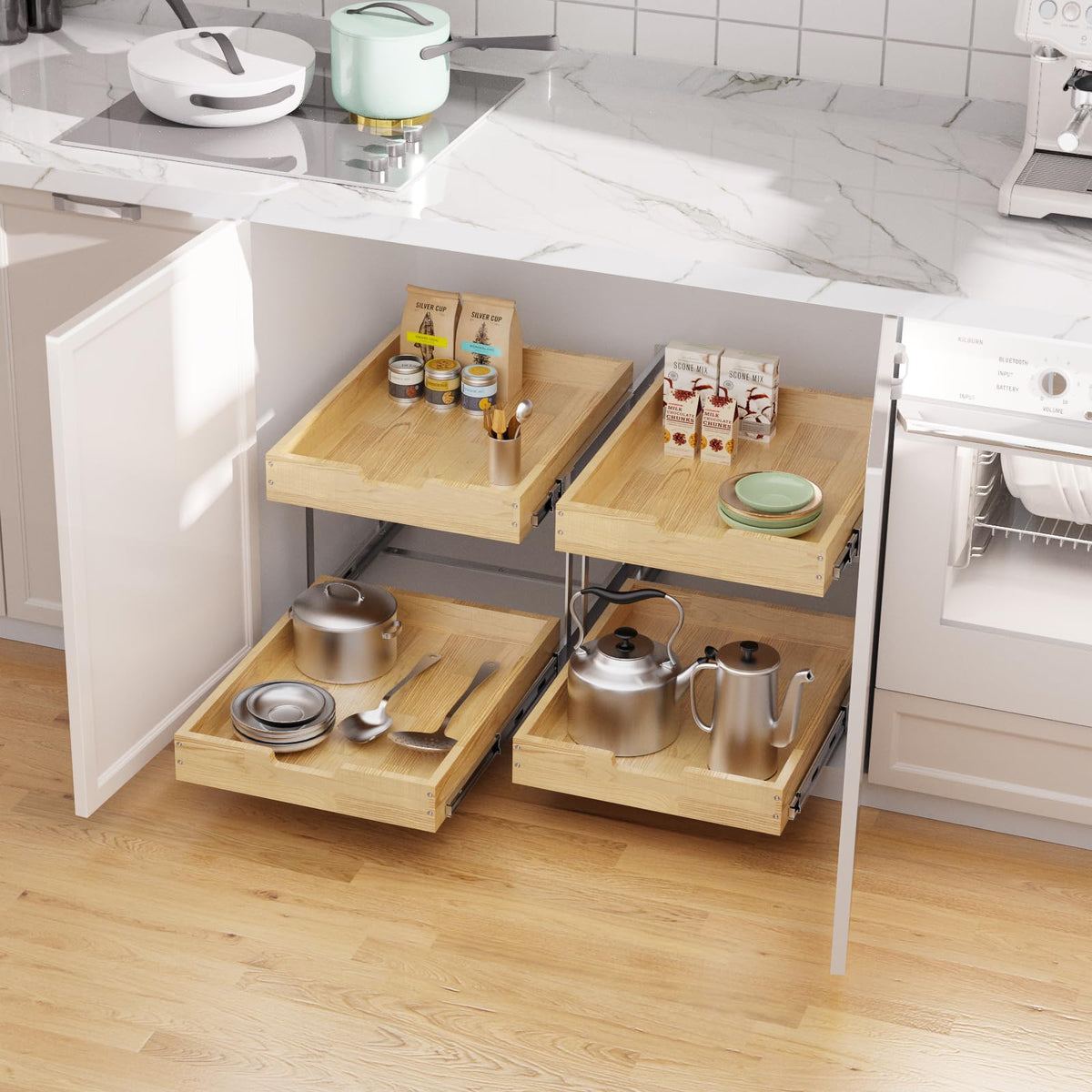 Sikarou Wood Pull Out Cabinet Organizer 2 Tie 23" W x 21" D, Heavy-Duty Sliding Drawers for Inside Cabinets Storage and Organization for Kitchen, Pantry, Bathroom
