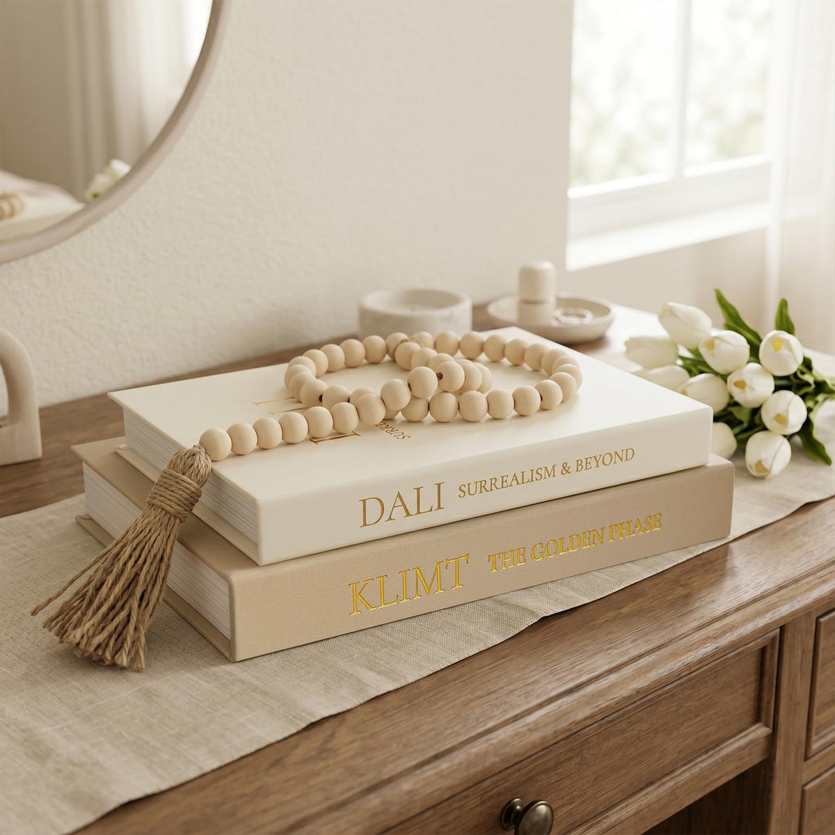 Fveuc 3-Piece Decorative Books for Home Decor with Wood Bead Garland - Stackable Linen Faux Book Box for Coffee Table Styling, Real Fabric Cover Fake Books with Tassel as Display Riser for Shelf