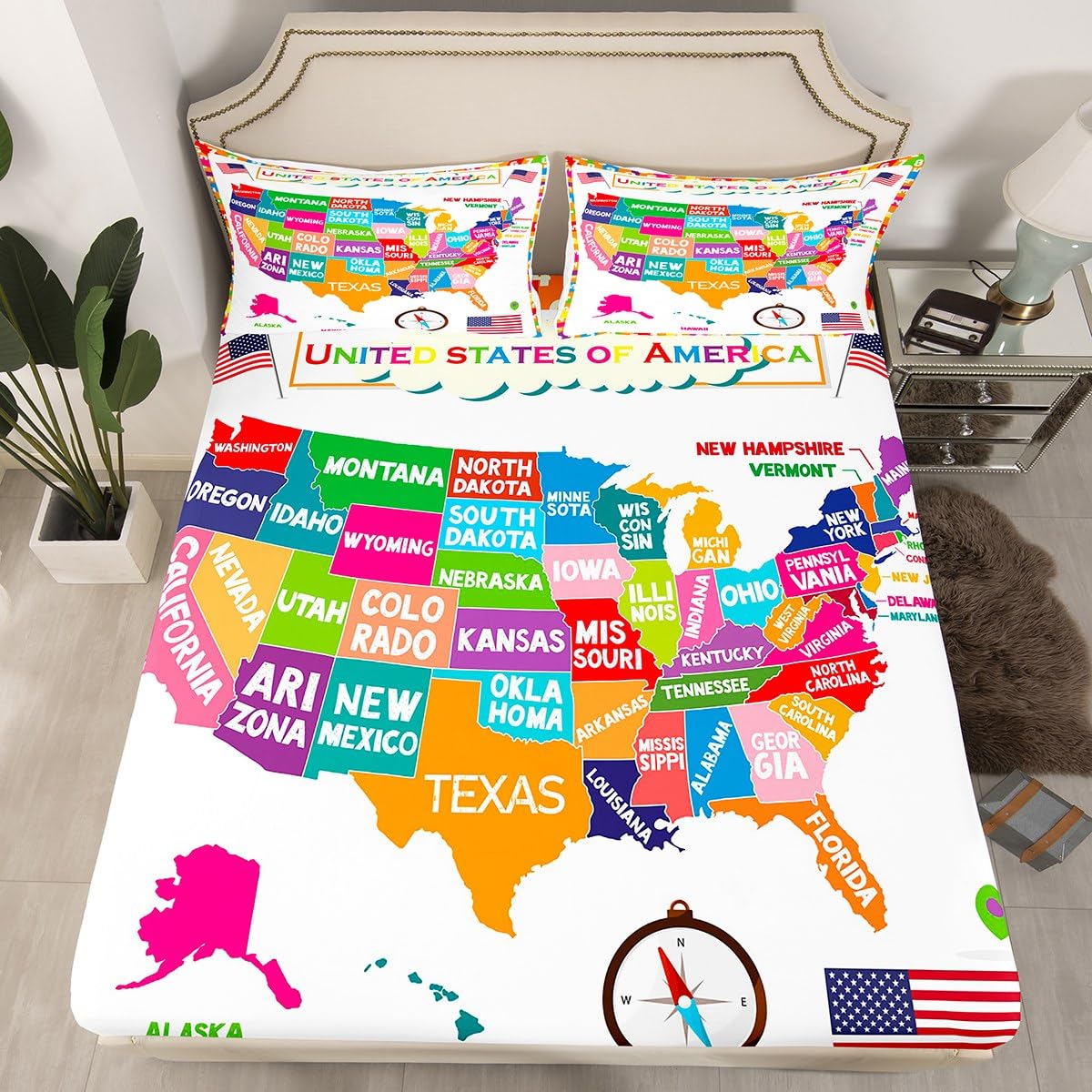 USA Map Fitted Sheet Twin, Geography USA Map Bed Sheet Set for Boys Girls Educational Bedding Set Learning Time Bed Cover 2Pcs (No TOP Sheet)