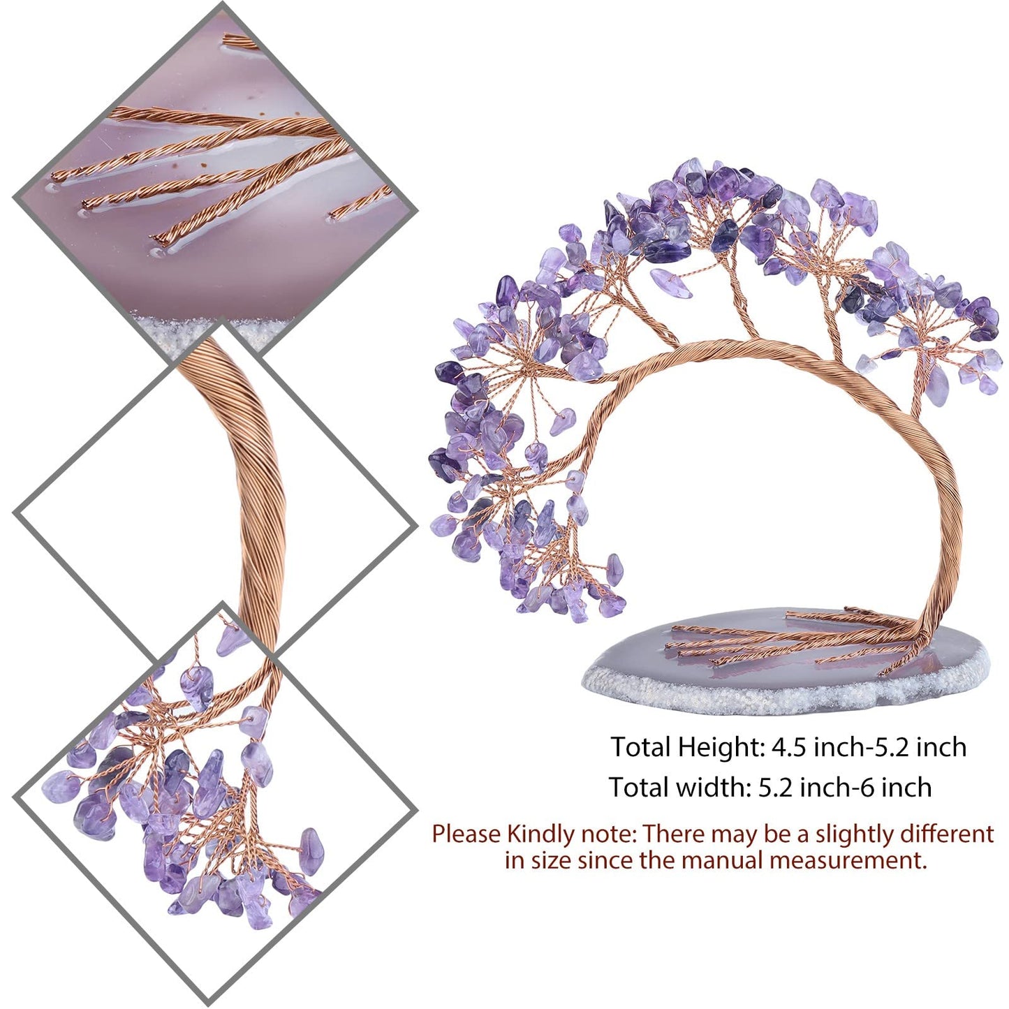 SUNYIK Healing Amethyst Money Tree, Handmade Fengnshui Crystal Bonsai Tree with Agate Slice Base for Wealth Luck, Office Desk Decor, Spiritual Gift, 4.5-5.2 inches