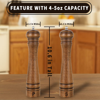 Salt and Pepper Grinders Set, Haomacro 10Inch Updated Manual Wooden Pepper Shaker Set,Oak Wood Salt Mill Pepper Grinder Set Refillable with Adjustable Ceramic Rotor 2Pack