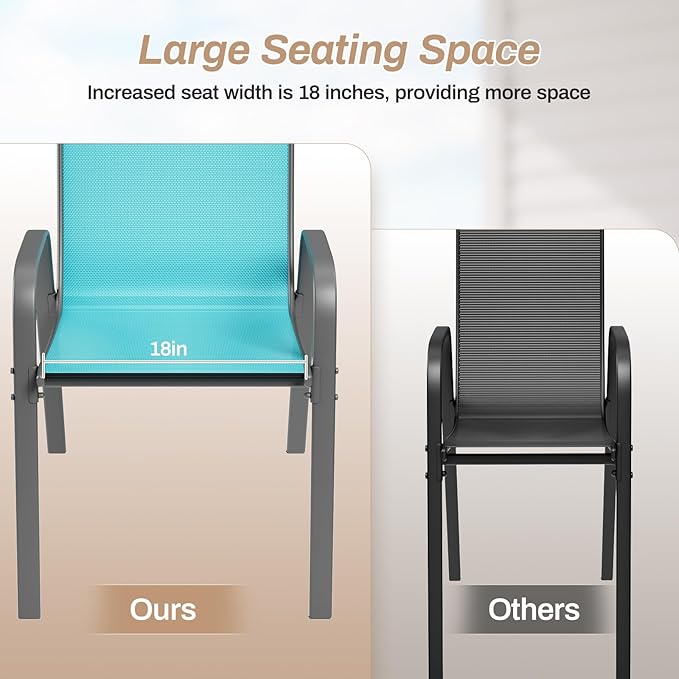 TLSUNNY Patio Chairs, Stackable Textilene Outdoor Dining Furniture for All Weather, with 17.7″ Wide Seat & Metal Frame, for Garden, Backyard, Deck, Restaurant, Poolside (4, Turquoise Blue, 26.4″)