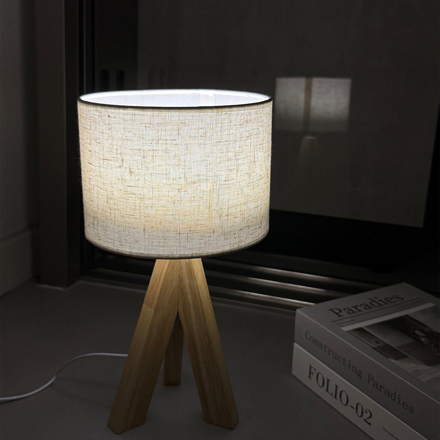 Tripod Table Lamp, Small Cute Bedside Lamp with Linen Beige Lampshade, Nightstand Lamp for Nursery, Bedroom, Kid Room, Living Room, Light Brown Wooden Base, E26 Socket, 12.8Inch, 3000K, 4500K, 6000K