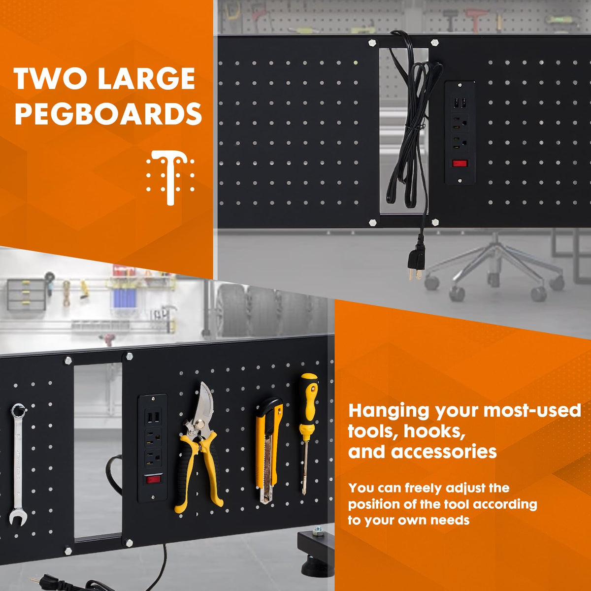 GVGBUK 48 Inch Adjustable Height Workbench, 1500 LBS Capacity Garage Work Table with Power Outlets, USB Ports & Pegboard, Solid Wood Top Work Bench for Workshop, Office, Garage