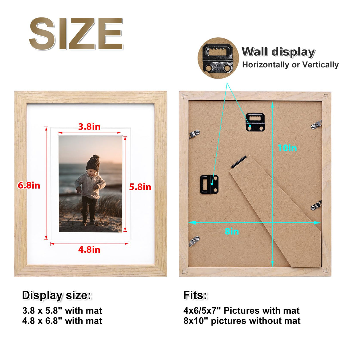 KINLINK 8x10 Picture Frame Natural, Solid Wood Frames with Acrylic Plexiglass for Pictures 4x6/5x7 with Mat or 8x10 without Mat, Tabletop and Wall Display Photo Frame, Set of 4