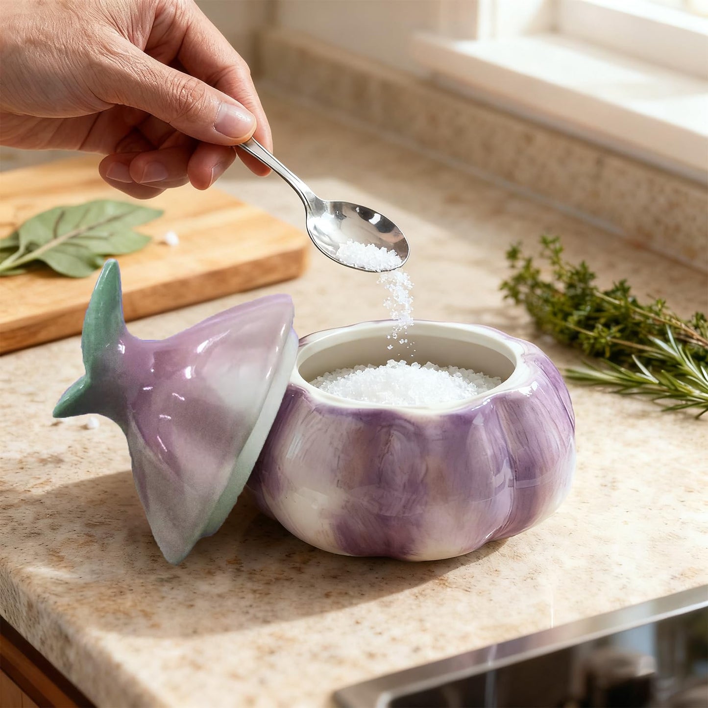 HELAIMAY Garlic Shaped Ceramic Salt Cellar with Lid, Spices Storage Container, Coffee, Sugar, Spices and Candies, Salt Containers for Countertop, 1 Piece