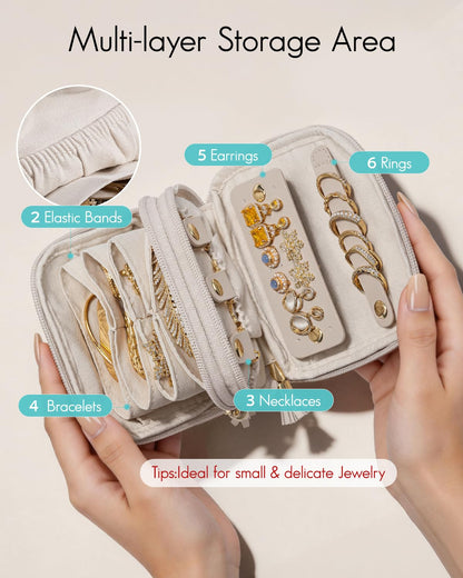 VLANDO Travel Jewelry Case,2-Layer Jewelry Organizer for Travel,Mothers Day Mom Gifts,Multi-Compartment Jewelry Storage for Rings Earrings Necklaces Bracelets-Cream White