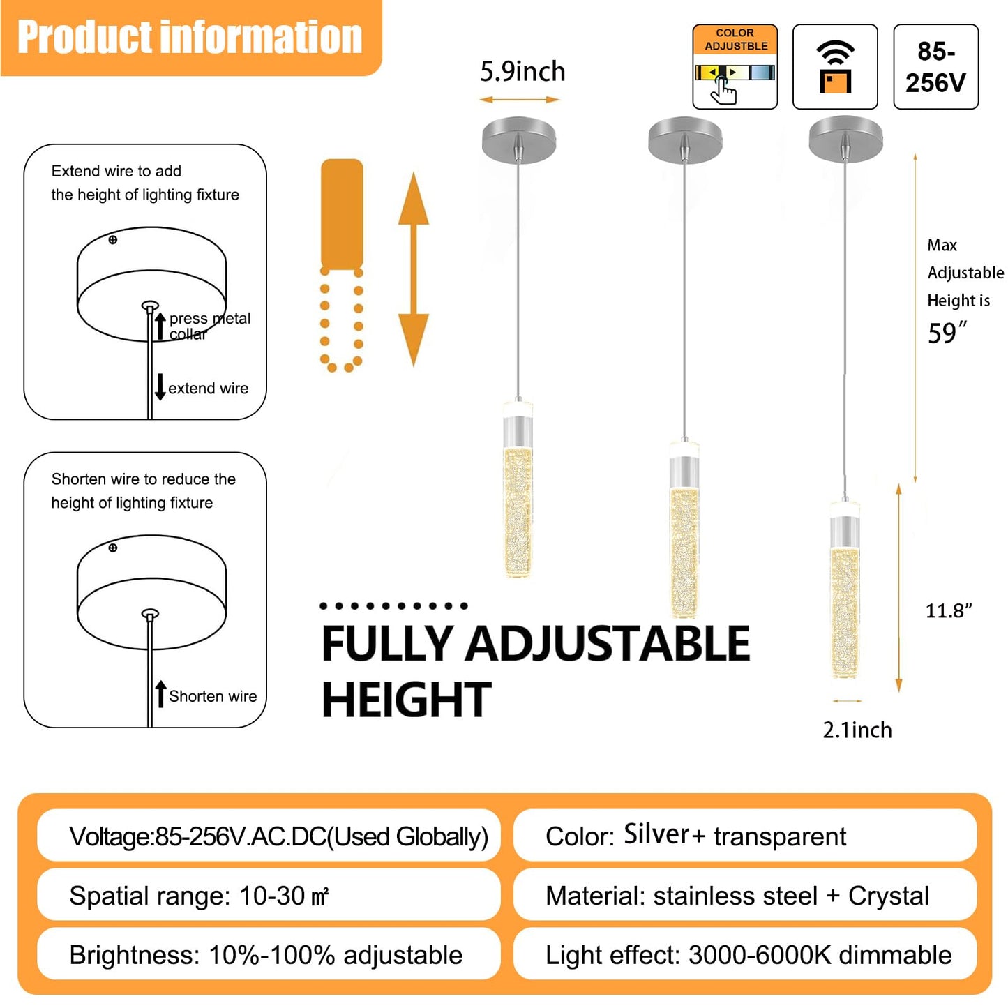 IDEQUY Modern LED Chrome Crystal Pendant Light Kitchen Island, Bedroom Bedside Hanging Ceiling Lamp with Crystal Bubble Column, Dimmable 3000k-6000k 1-Light Independent