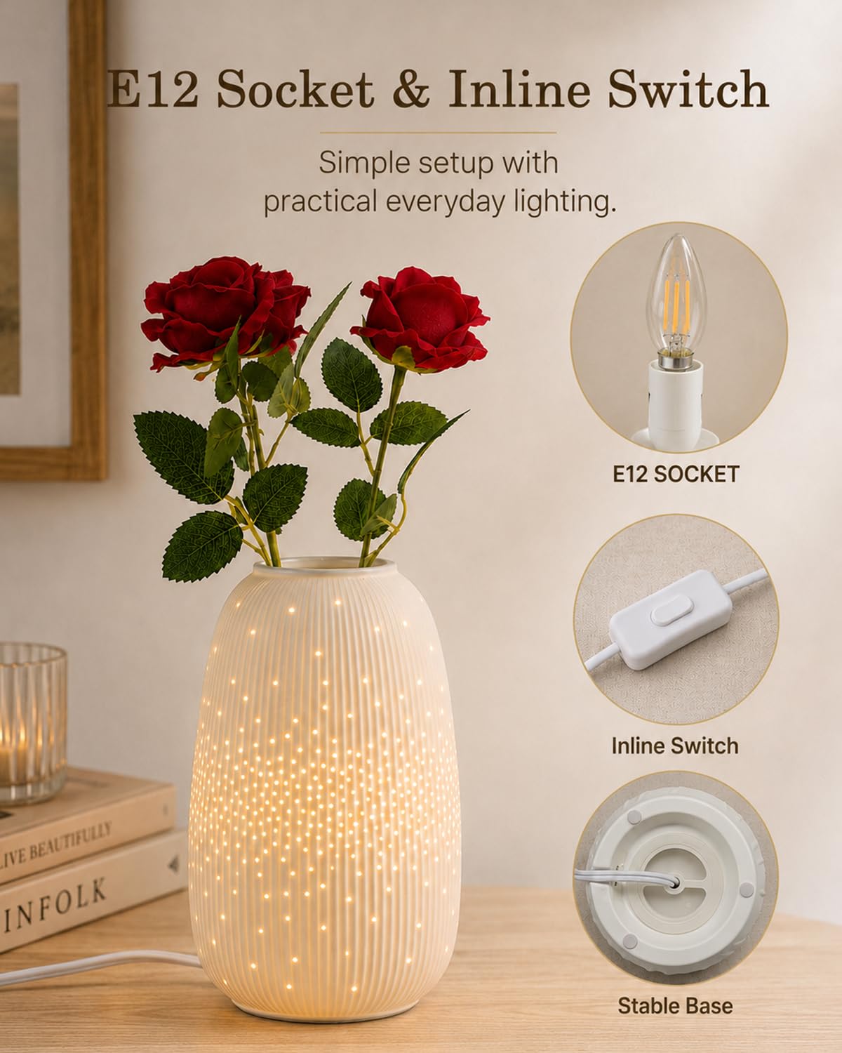TACAHE Ceramic Vase Table Lamp, 2700K Bulb & 3 Artificial Flowers Included, E12 Socket, Inline Switch, Handmade Openwork Craft, Ambient Light for Living Room Bedroom - Starry 9.3"