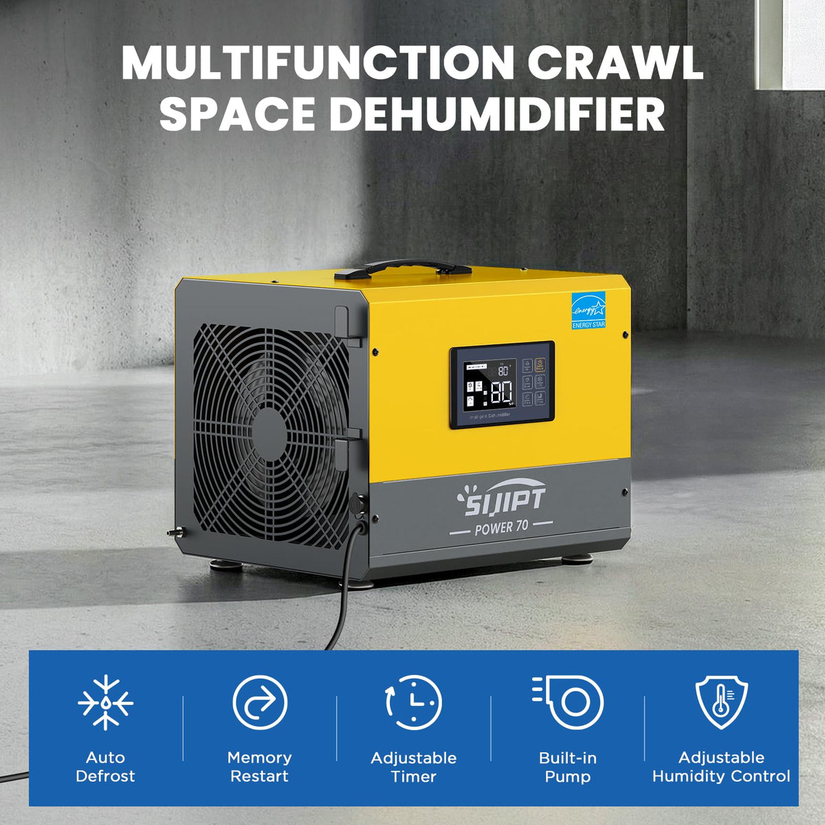 70 Pint Crawl Space Dehumidifier with Energy Star & Pump & Drain Hose for Basement, Commercial, Whole House, Industrial, Water Damage Restoration, Spaces Up to 2000 Sq Ft, Auto Defrost,Memory Restart