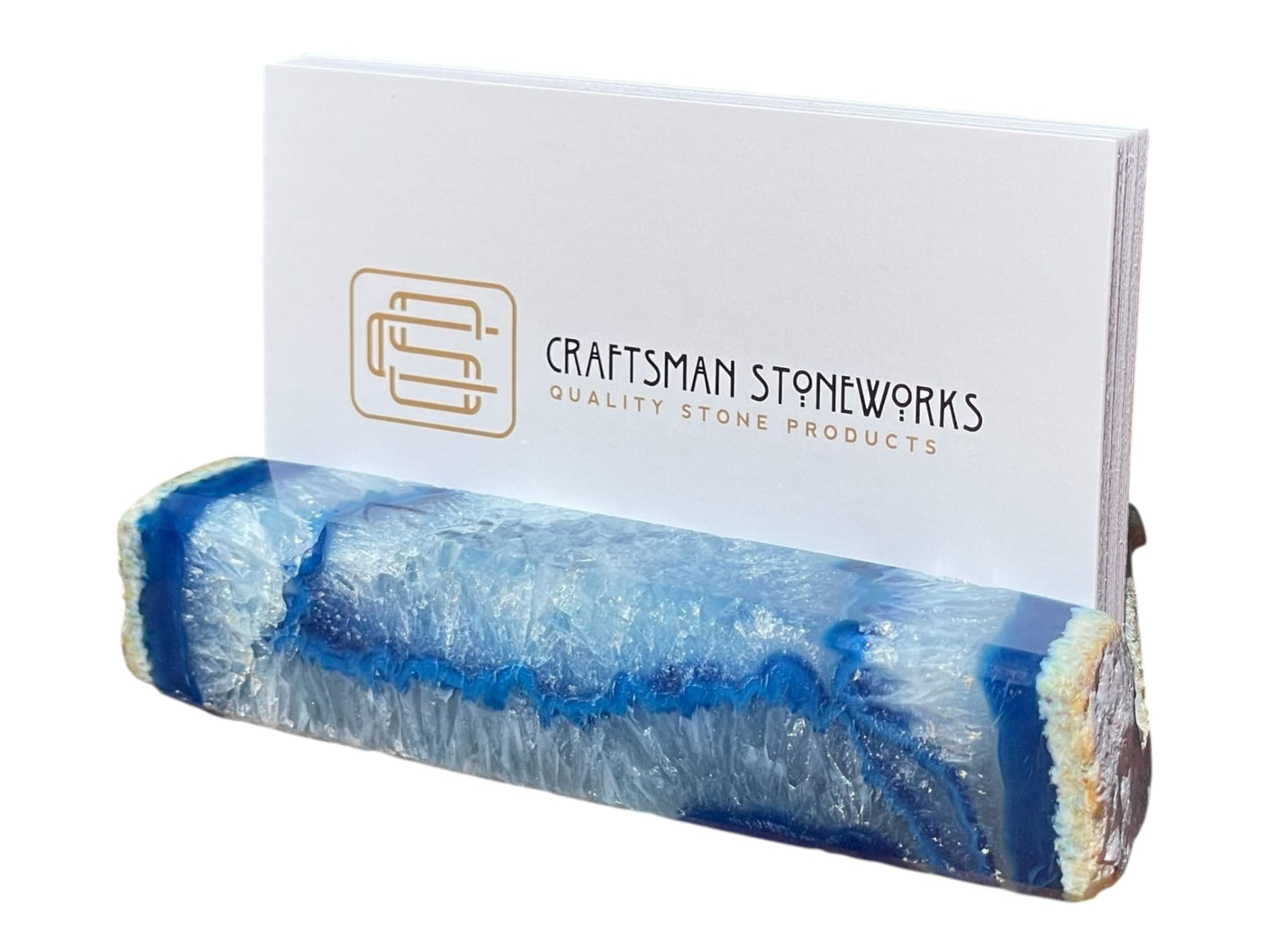 Craftsman Stoneworks Handcrafted Blue Agate Business Card Holder from Brazil - Elegant Desk Organizer and Display Stand for Women and Men - Unique Stone Art Piece (Blue)