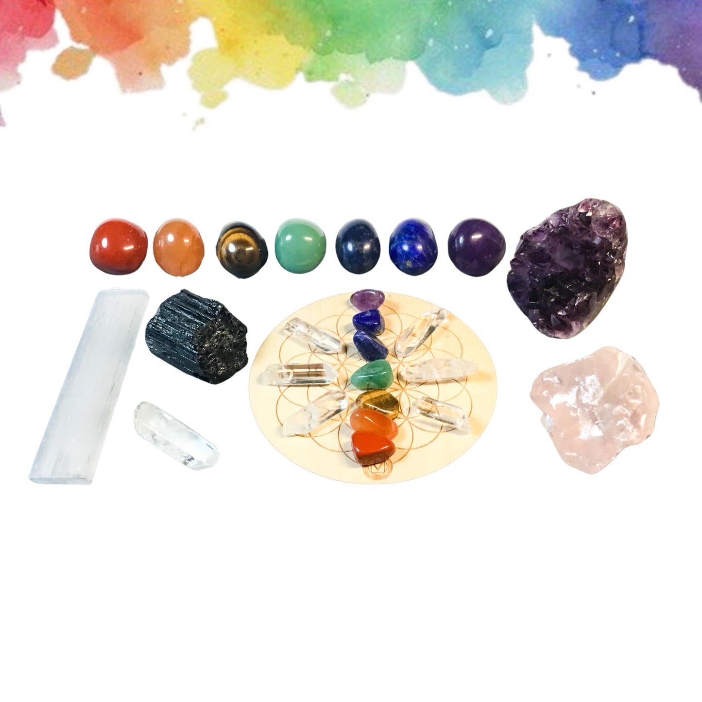Obilea Gems - 28-Piece Chakra Crystal Healing Set with Bamboo Storage Box – Includes Chakra Tumbled Stones, Specimen Crystals, Raw Clear Quartz Points, Selenite Charging Plate, Storage Bag & Info Card