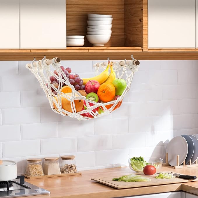 Hanging Fruit Hammock with Hooks, Hanging Fruit Basket Under the Kitchen Cabinet