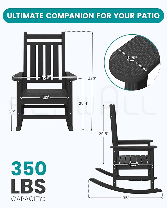 SERWALL Oversized Outdoor Rocking Chair Set of 4, HDPE Rocker for Adults, Patio Rocking Chairs for Porch, Black