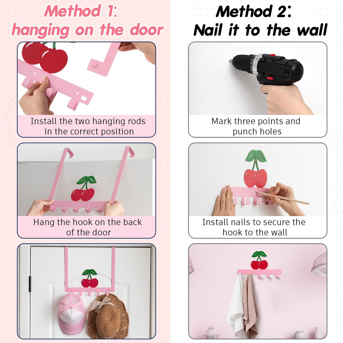 Reallnaive Cherry Over The Door Hooks Pink Cute Bathroom Decor Hanger Wall Mount Rack Holder for Towel, Hat, Coat, Cloth, Keychain, Bag, Home Organizer
