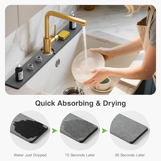 30" x 4" Stone Faucet Mat for Kitchen Sink, Quick Drying Diatomite Sink Tray