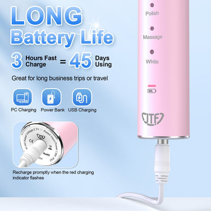 JTF Sonic Electric Toothbrush for Adults: 6 Brush Heads, Travel Bag, Tongue Scraper, 5 Brushing Modes for Teeth, Smart Timer and IPX7 Waterproof, Rechargeable Toothbrush for Deep Cleaning & Whitening