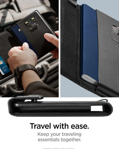 Spigen Passport Holder Travel Wallet, Passport Cover with RFID Signal Blocking Compatible with Most Passport Sizes - Black