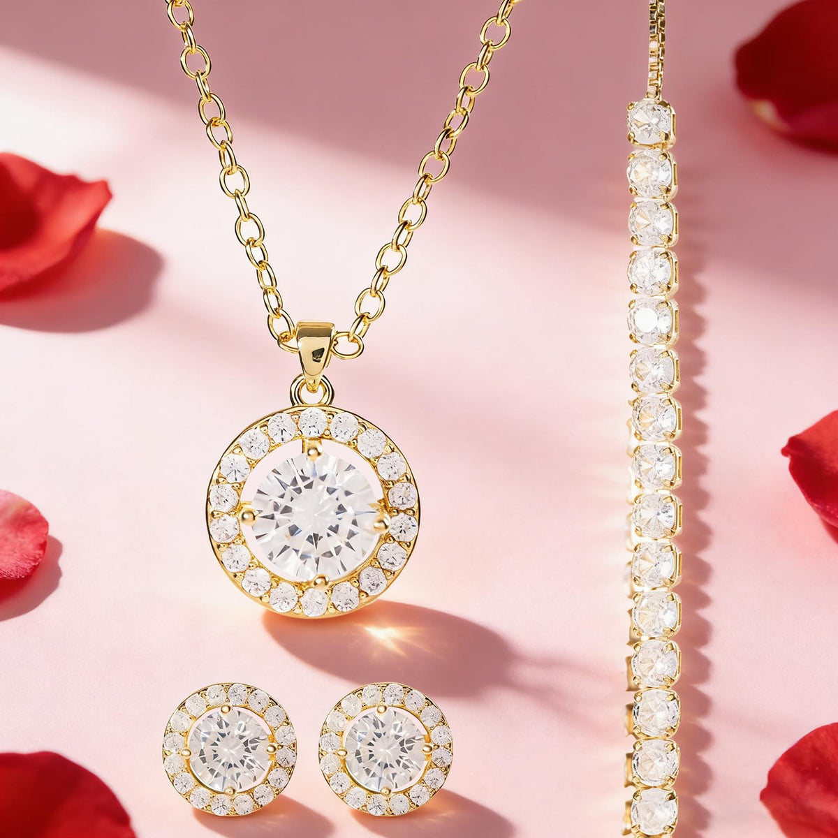 WDS WONDROUS Preserved Rose Jewelry Set for Women, 4-Piece Red Rose Gift Box with Necklace Earrings Bracelet, Valentines Day Anniversary Birthday Gift for Her Wife Girlfriend Mom