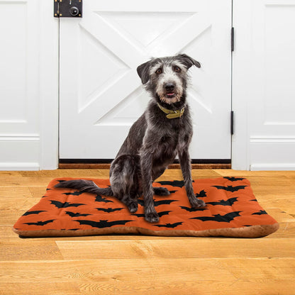 Mazeann Happy Halloween Dog Bed Mat for Large Dog Puppy Cat Kitten, Halloween Bats Pattern Ultra Soft Pet Bed Mattress for Crate with Anti-Slip Washable, Orange, 24 x 36 Inches