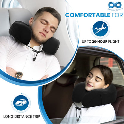 Everlasting Comfort Memory Foam Travel Pillow - Airplane Neck Pillow for Travel with Earplugs, Eye Mask & Carry Bag - Neck Support Cushion for Plane, Car & Train - Black