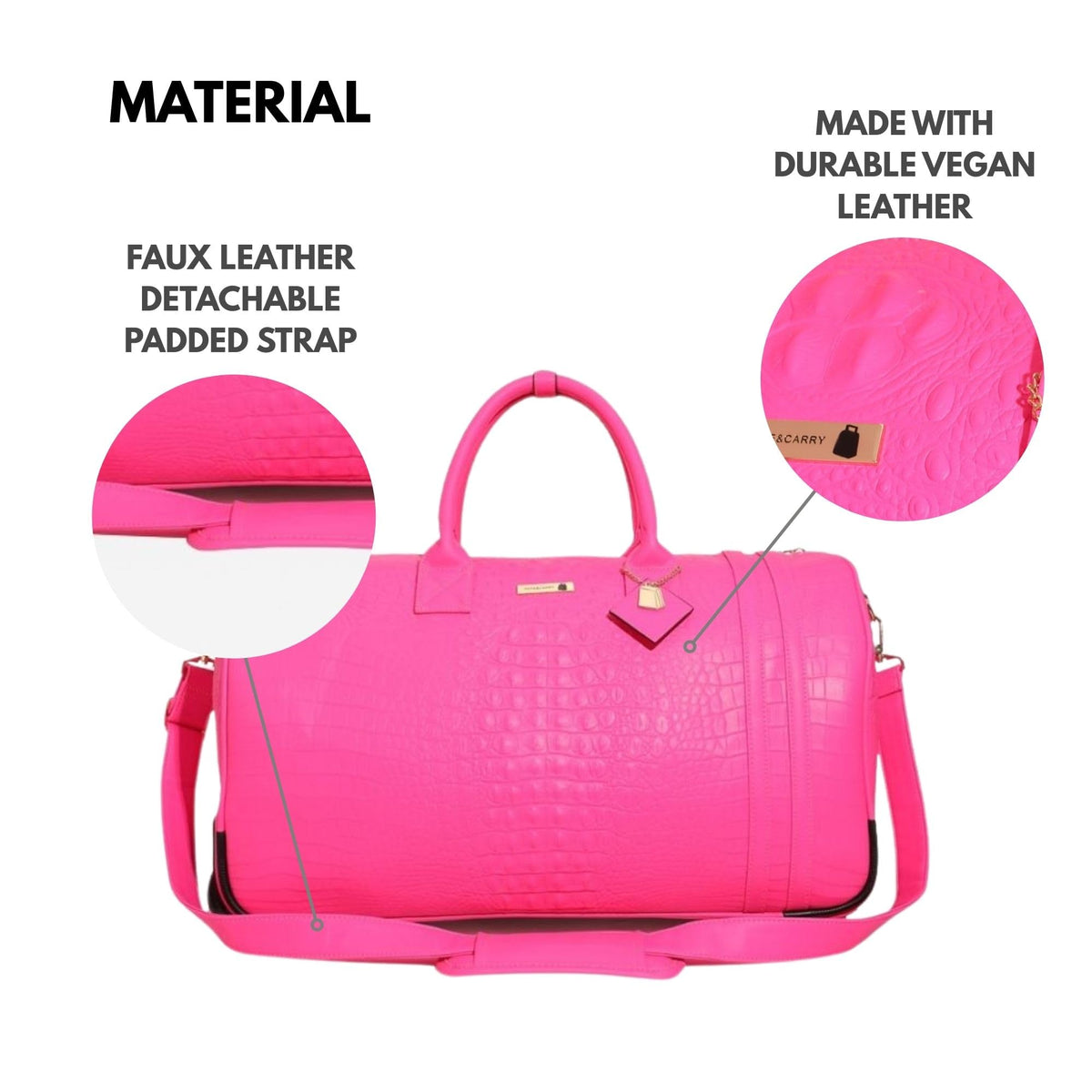 Tote&Carry Apollo 2 Large Rolling Duffle Bag with Wheels, Carry-On Roll Duffel for Travel, Gym, Sports, Daily, Weekend & All-Purpose Use for Men & Women (Crocodile Skin, Neon Pink)