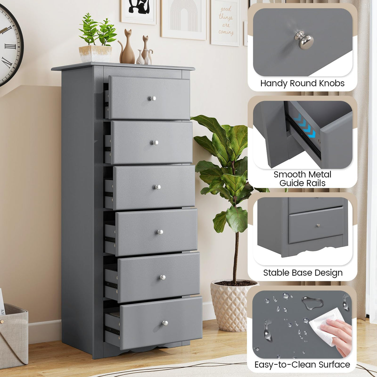 Giantex 6-Drawer Dresser for Bedroom, Wooden Chest of Drawers w/Metal Handles & Large Capacity, 16" D x 23" W x 53.5" H Clothes Organizer, Modern Tall Dresser for Bedroom, Entryway, Living Room