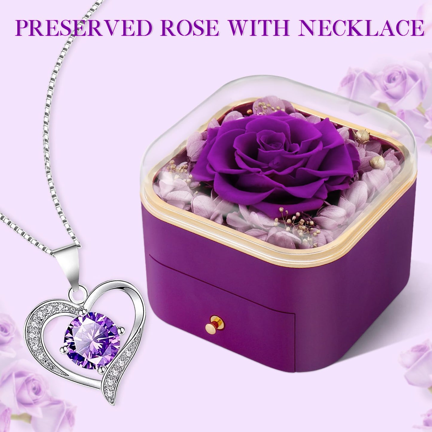 Beferr Valentines Day Gifts for Her Preserved Real Rose with Necklace Eternal Roses Fresh Flowers for Delivery Prime Birthday Anniversary Purple Gifts for Women Mom Wife Daughter Grandma Girlfriend