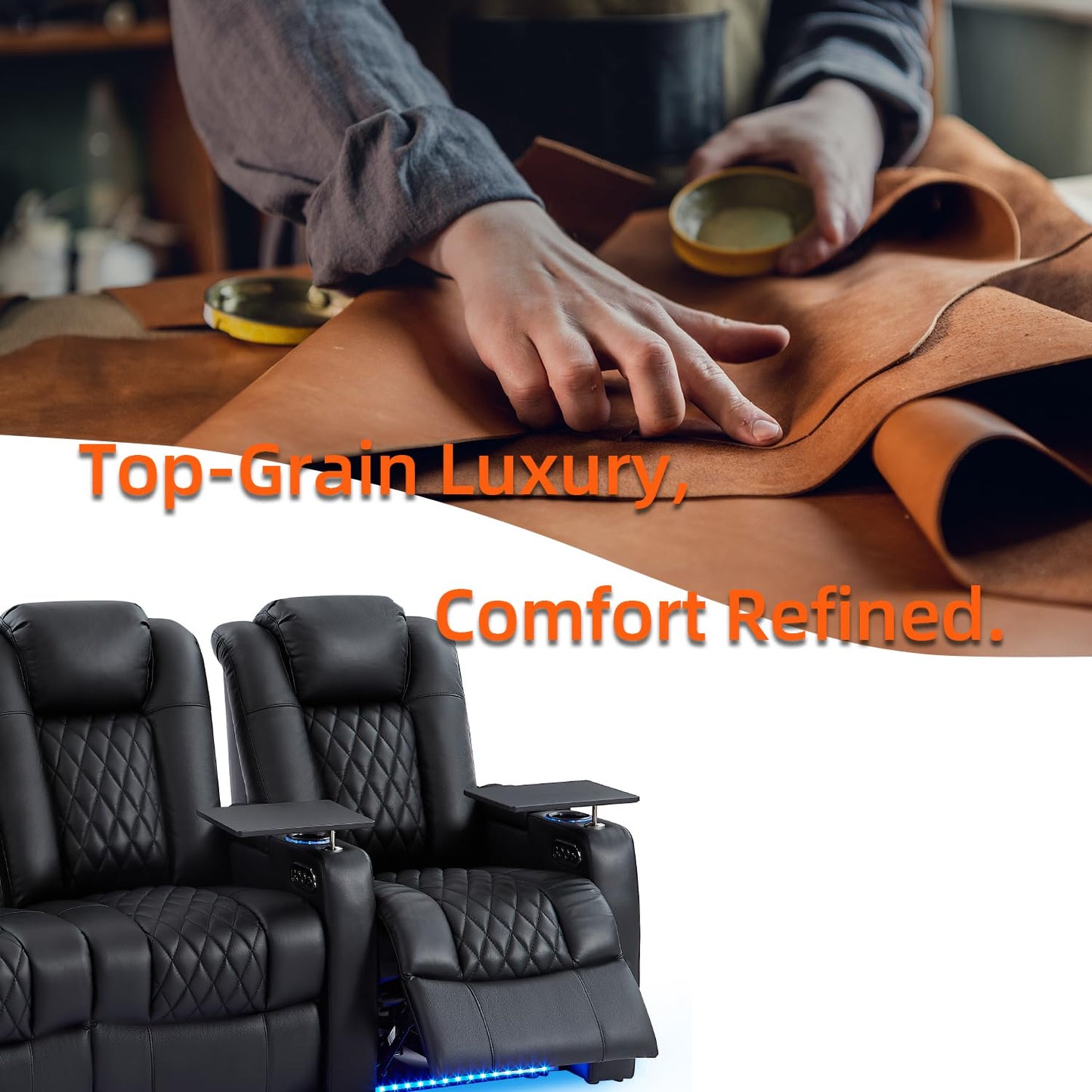 comfiroom Home Theater Seating Seats Classic Series Top Grain Leather Loveseat Recliner Chairs Dual Power Movie Gaming Sofa Chair Electric Headrest with Tray Table (Black, Row of 4 Loveseat Right)