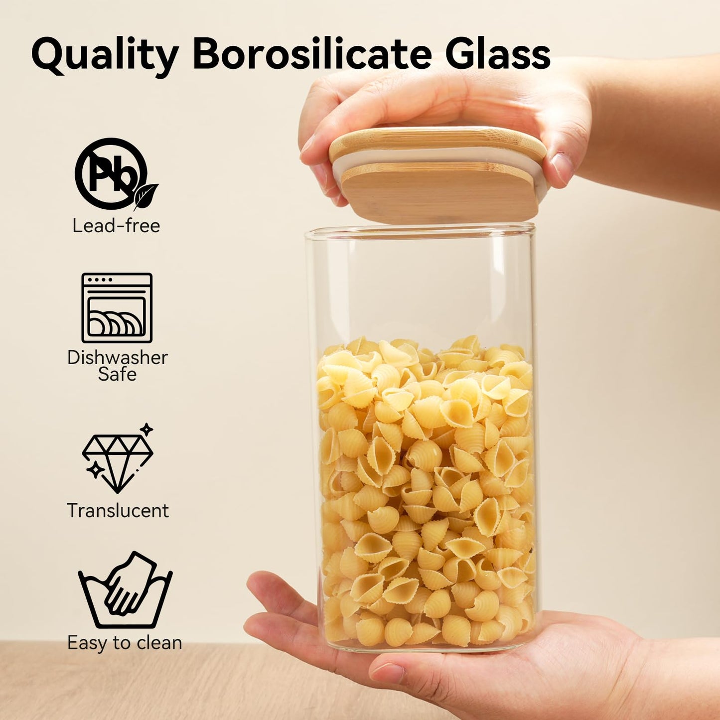 Glass Spaghetti Pasta Storage Container - 3 Pack 2.5 QT Airtight Food Storage Jar Set with Bamboo Lid Labels -Tall Square Kitchen Pantry Canister Organizers for Noodle Cookies Flour Cereal Coffee Bean